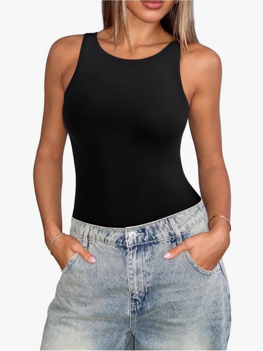 ReoRia Black Sleeveless High Crew Bodysuit